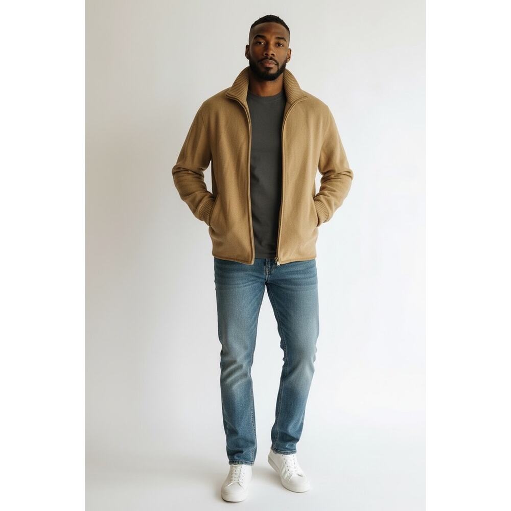 Jones New York Signature Wool Blend Zip Front Cardigan Jacket Sweater Sz S Camel